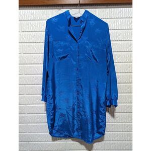 Jayre Women's Small Blue Satin Floral Button-Up Night Shirt